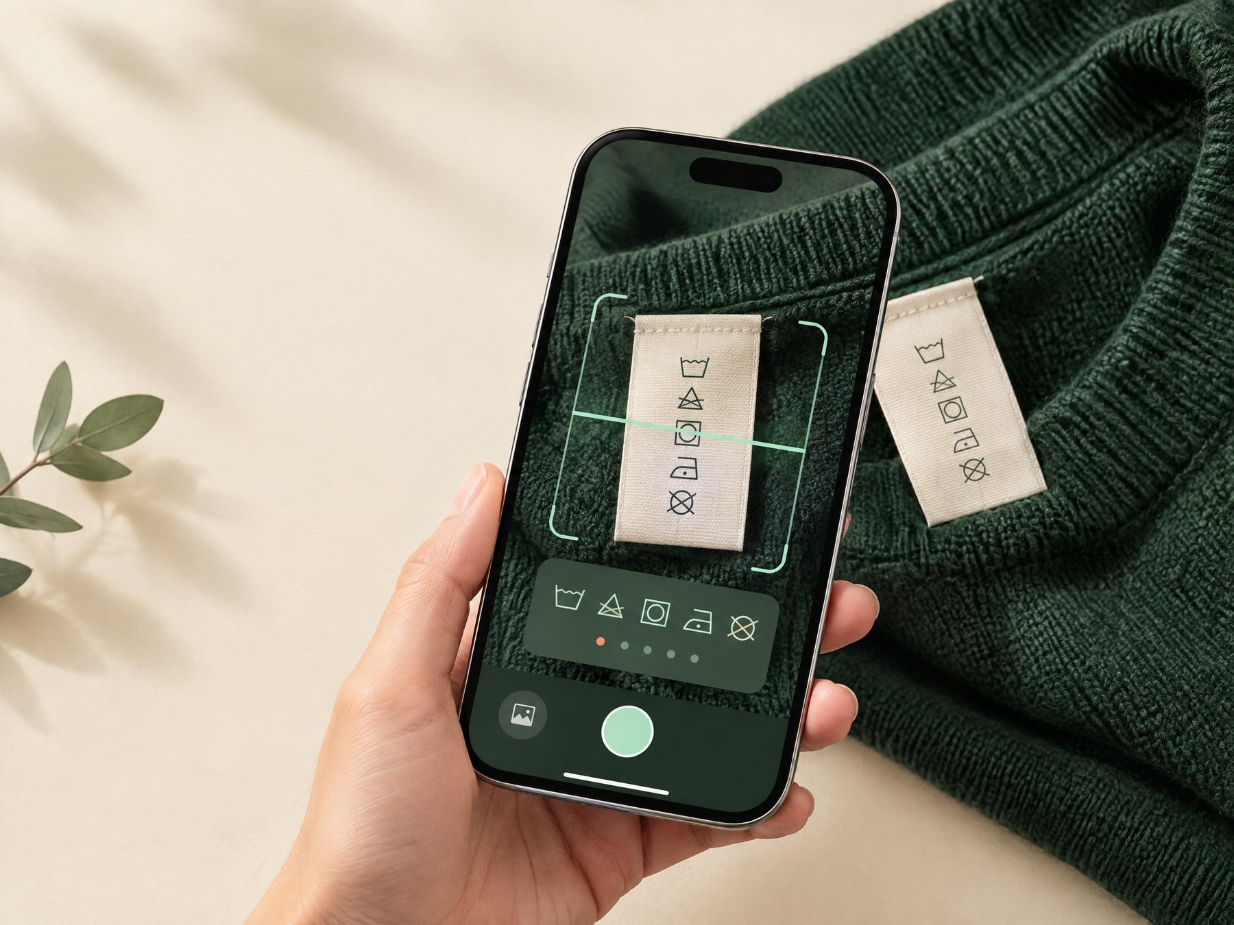 A phone camera actively scanning a garment care label